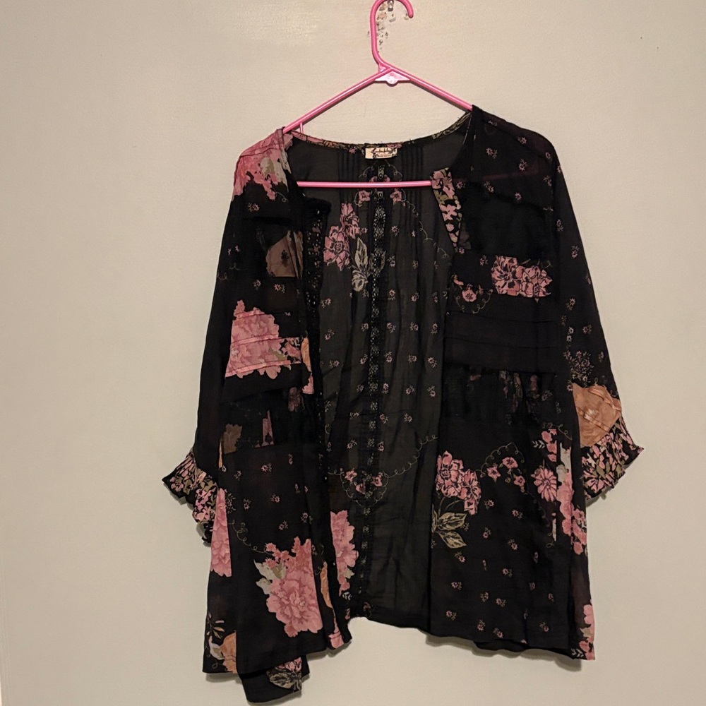 Free People Black and Pink Floral Blouse